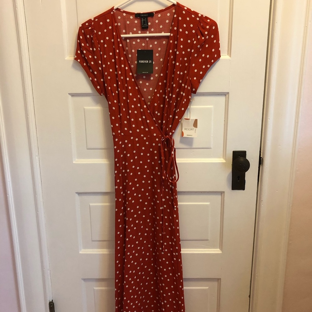 Red polka dot wrap dress